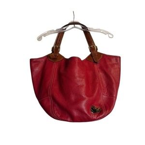 Dooney & Bourke Red Pebbled Leather Hobo Shoulder Bag Brown Trim Tortoise Duck